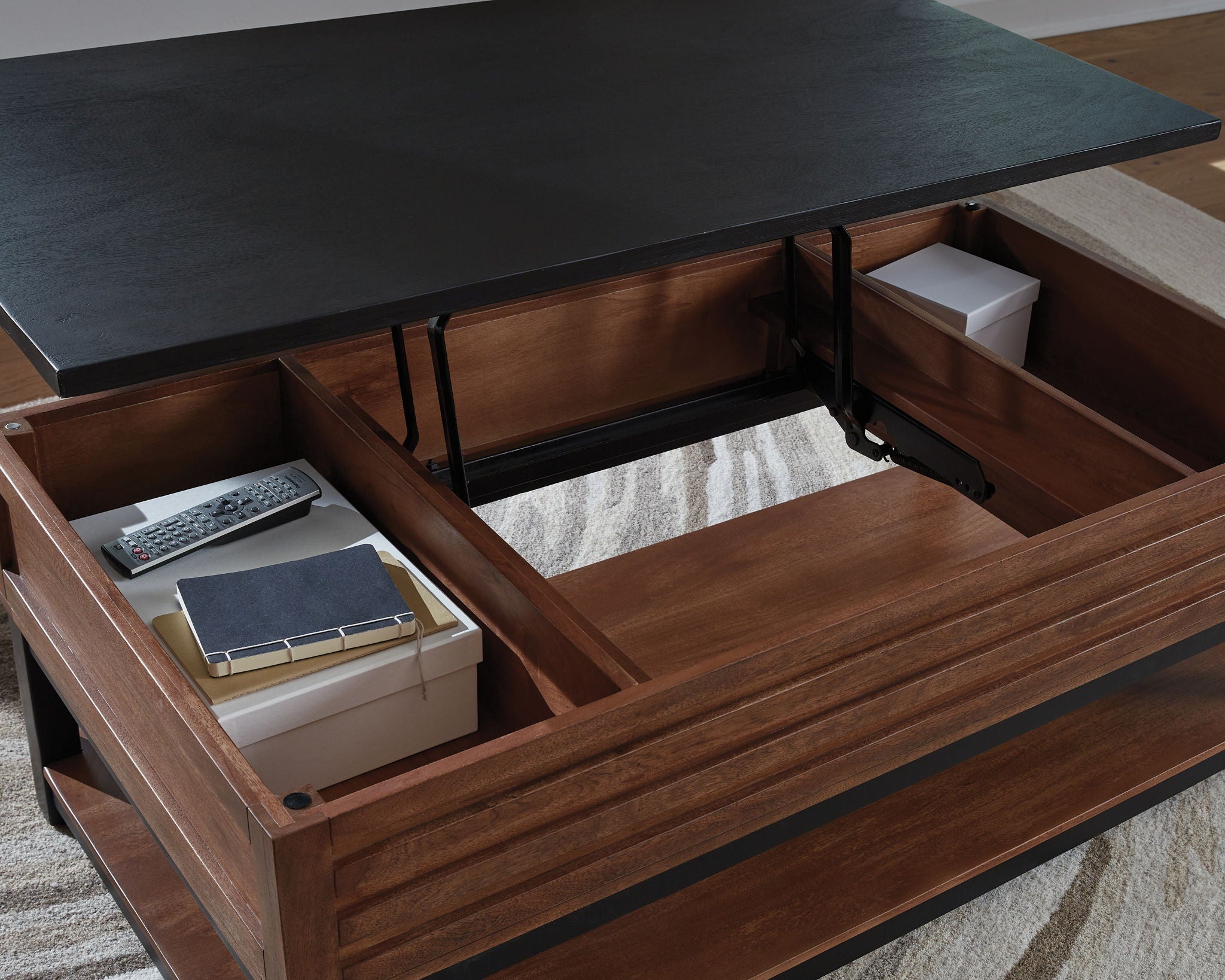 Kallari - Lift Top Cocktail Table - Warm Brown / Black